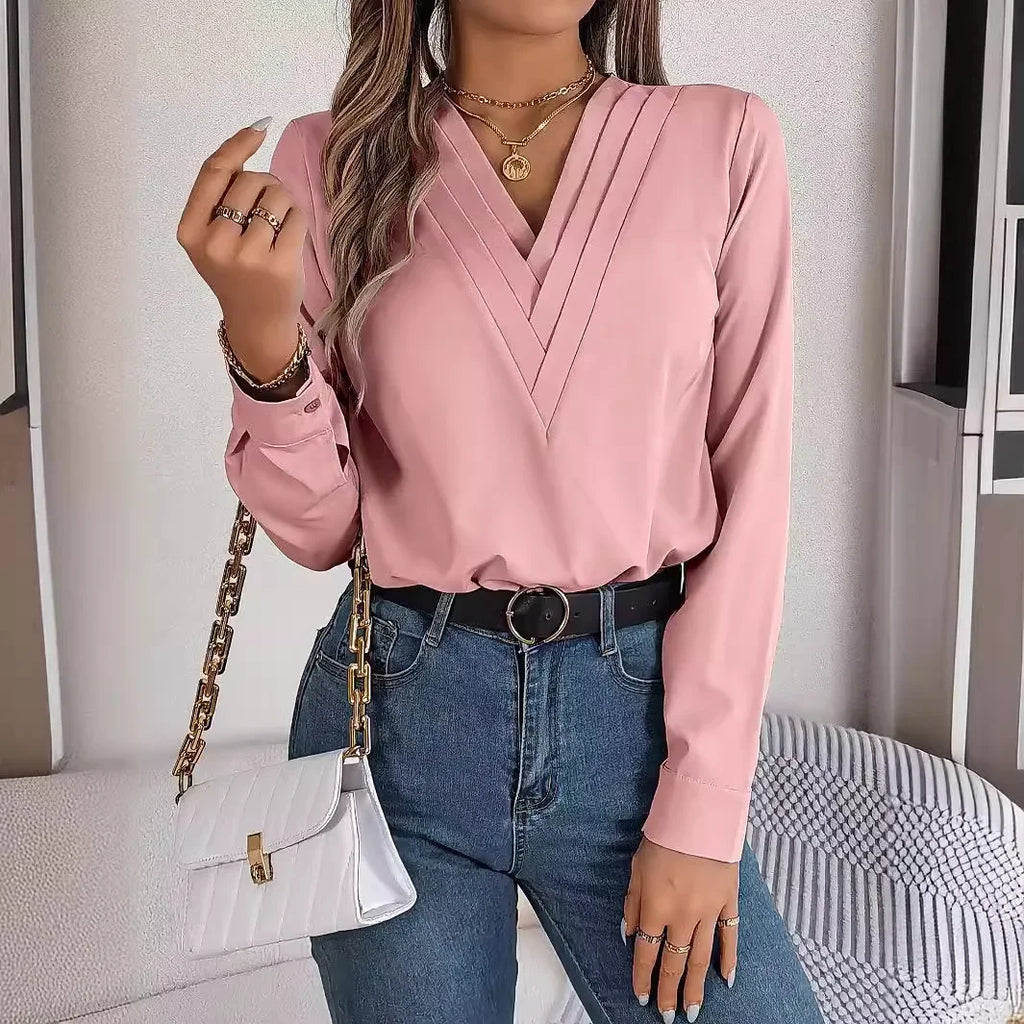 Chemise élégante à manches longues et col en V pour femmes
