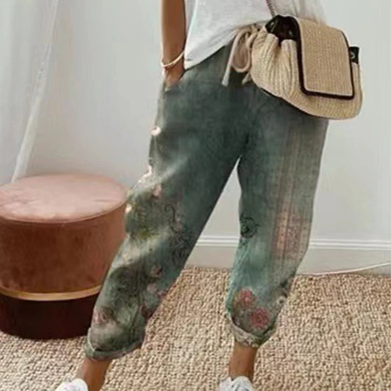 Pantalon vintage à imprimé floral pour femmes