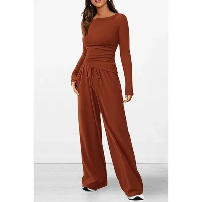 Ensemble décontracté T-shirt asymétrique à manches longues et pantalon à jambes larges pour femmes
