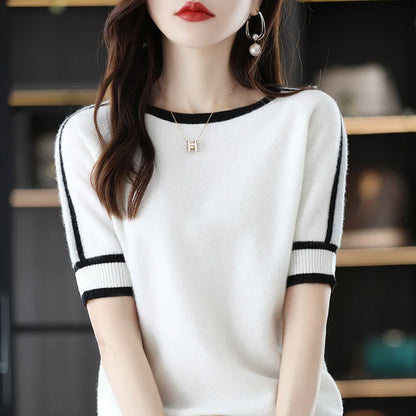 T-shirt en Maille Femme – Col Rond Contrastant