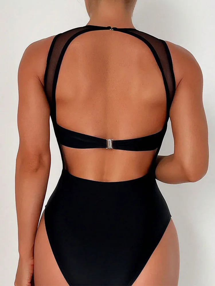Maillot de bain une pièce transparent en maille noire, sexy, pour femmes