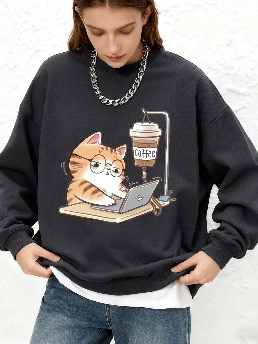 Sweat-shirt imprimé « Chats au travail avec du café » pour femmes