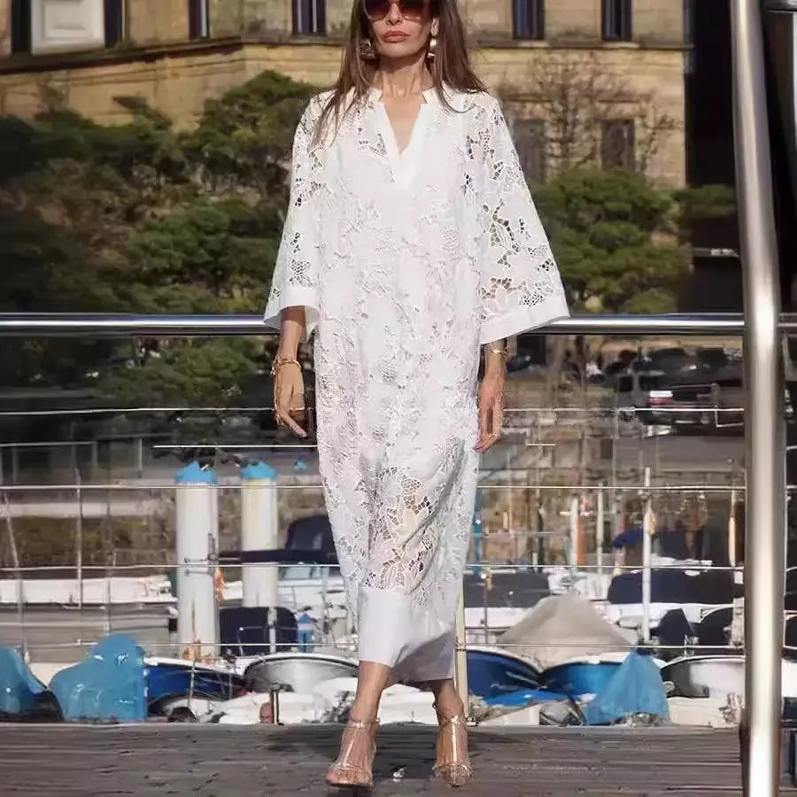 Robe midi en dentelle crochetée à appliqués floraux 3D pour femmes