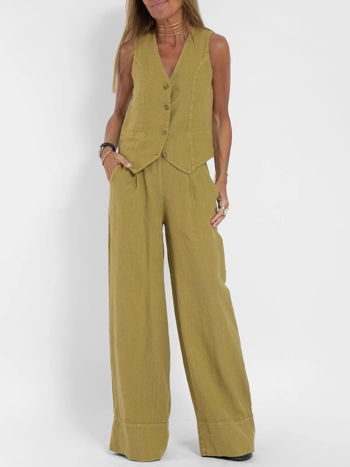Ensemble deux pièces débardeur et pantalon en coton et lin pour femmes