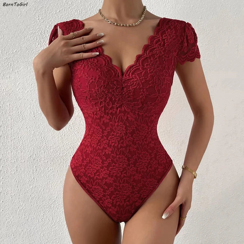 Body moulant avec col en V et en dentelle pour femmes