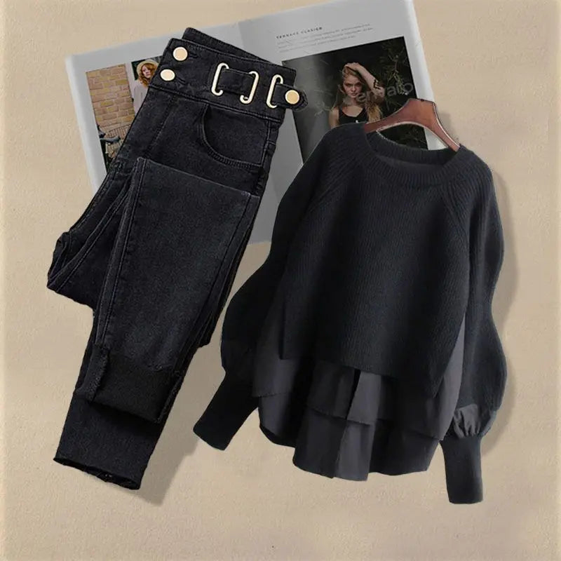 Ensemble deux pièces pulls en tricot et pantalon en jean coupe couvertes pour femmes