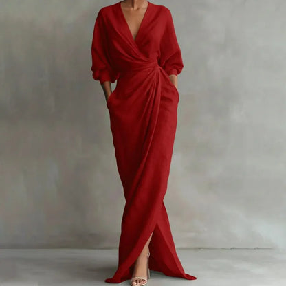 Robe femme longue froncée à col V