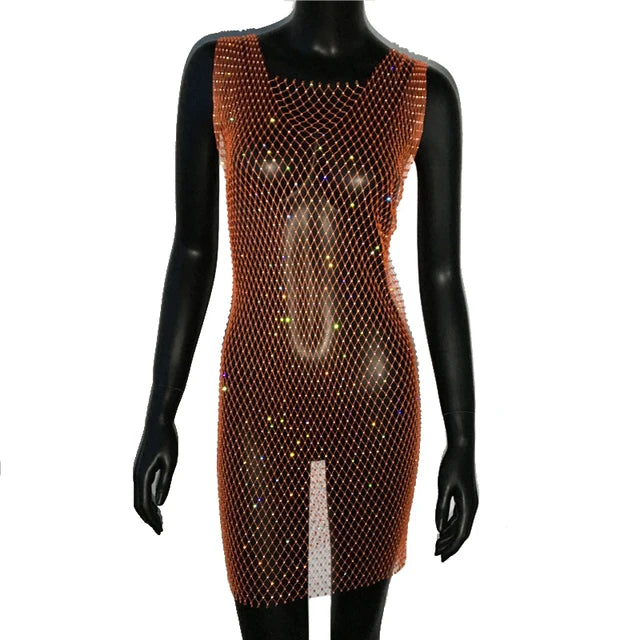 Robe de soirée en résille scintillante, strass, paillettes pour femmes
