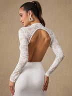 Body sexy blanc moulant à manches longues pour femmes