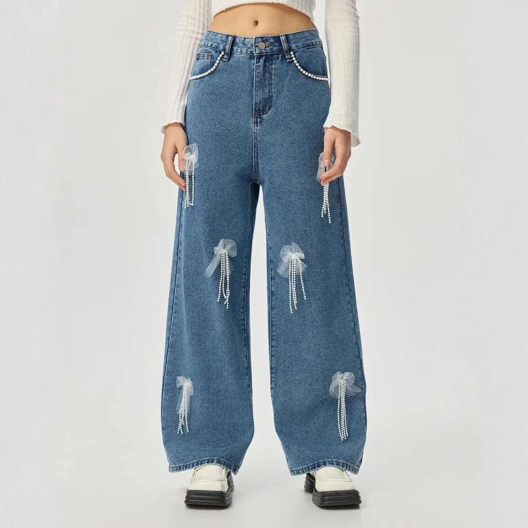 Jean taille haute brodé amincissant à jambe large pour femmes
