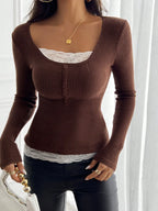 T-shirts en dentelle unie, coupe slim pour femmes