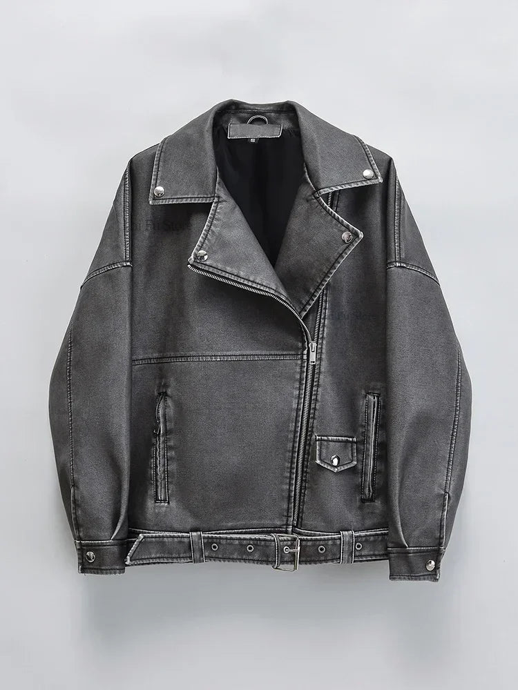 Veste ample vintage en similicuir PU pour femmes