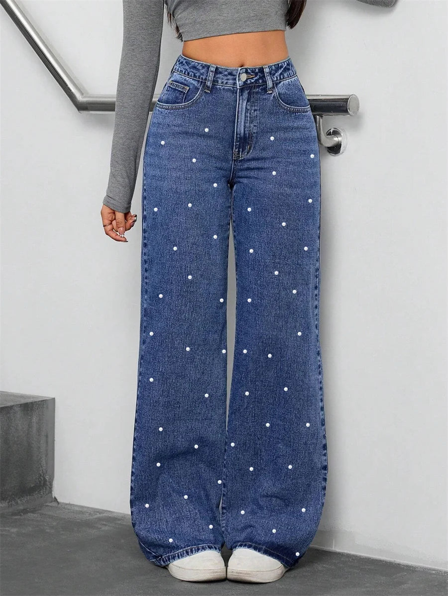 Pantalon droit en jean à perles pour femmes
