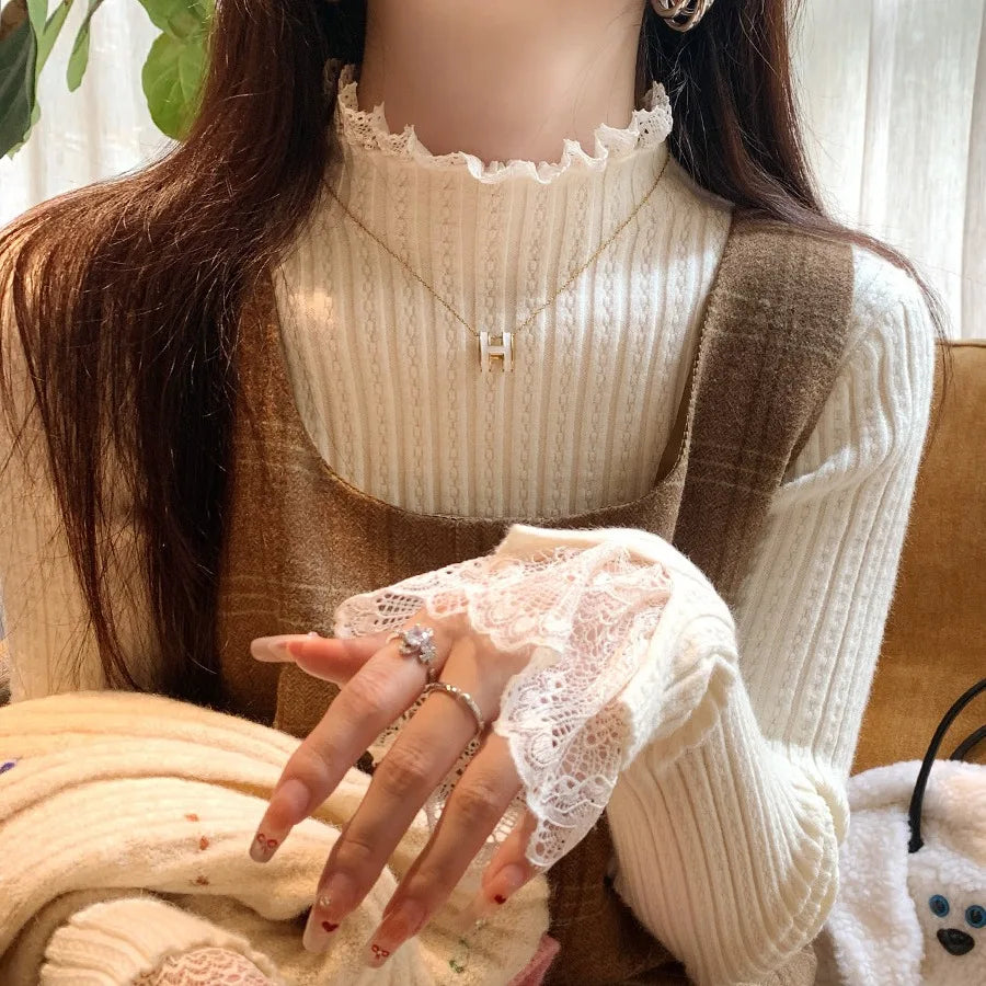 Pull Effet Deux Pièces Femme – Dentelle, Col Roulé et Volants