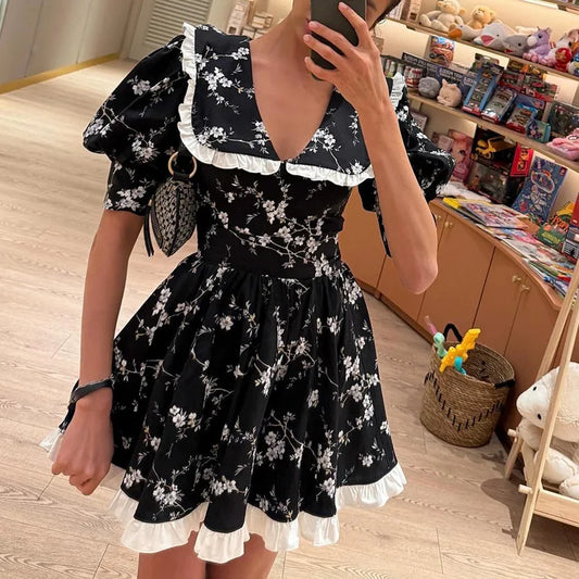 Robe d’Été Noire Femme – Imprimé et Col Claudine