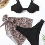 Maillot de bain trois pièces Push Up imprimé marbre, col en v, à armatures, pour femmes
