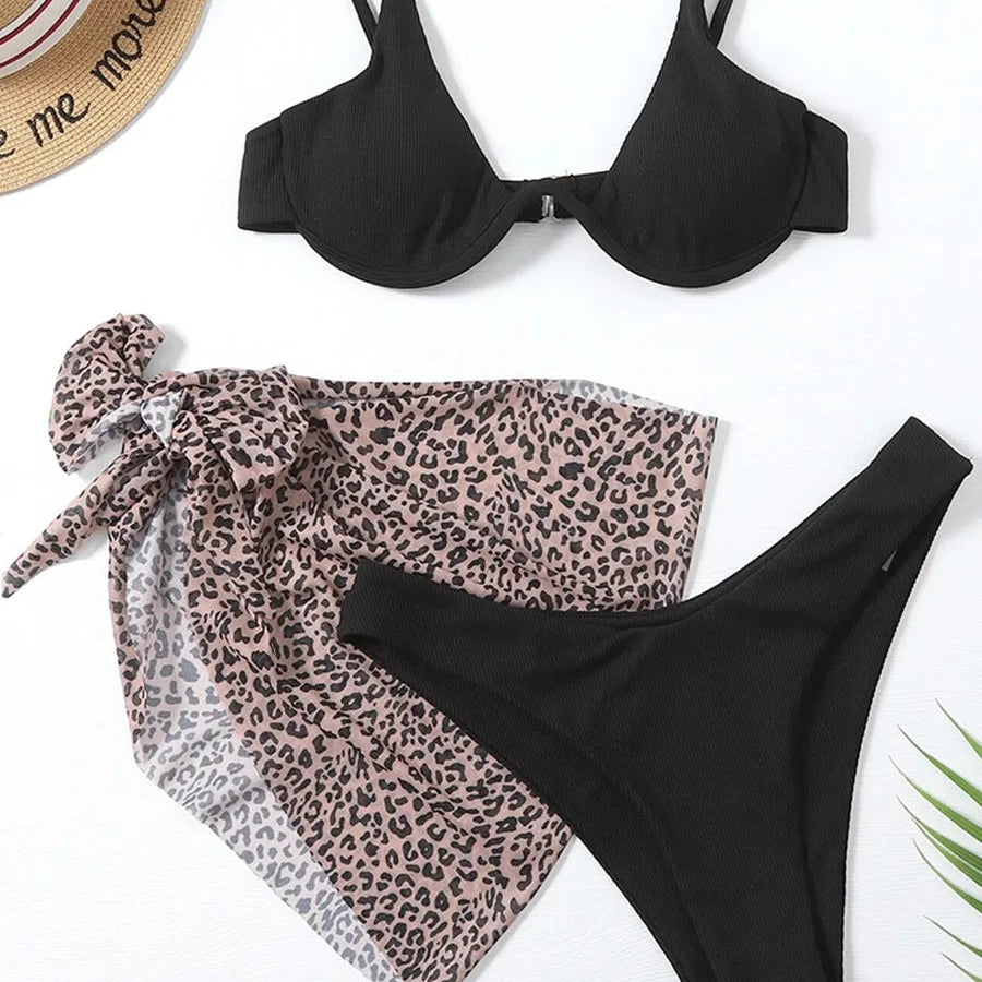 Maillot de bain trois pièces Push Up imprimé marbre, col en v, à armatures, pour femmes