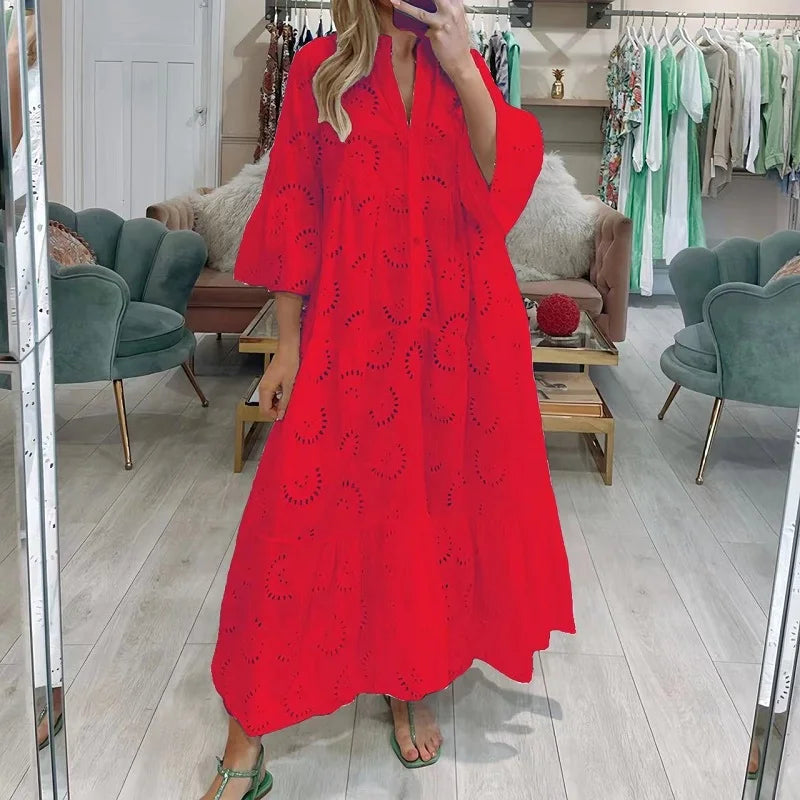 Robe longue en dentelle Jacquard brodée blanche au Crochet pour femmes