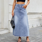 Jupe longue en jean vintage à poches amples et ourlet brut pour femmes
