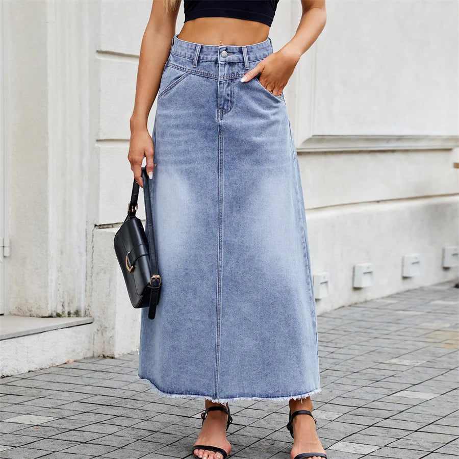 Jupe longue en jean vintage à poches amples et ourlet brut pour femmes