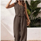 Ensemble deux pièces en coton lin gilet court haut + pantalon pour femmes