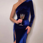 Robe mi-longue crayon et fendue en velours et manches longues pour femmes