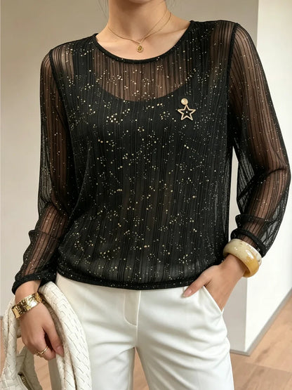 Chemisier Transparent Femme – Col Rond et Broche Étoile