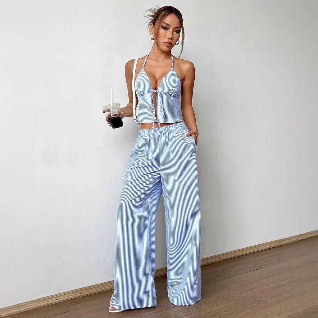 Ensemble deux pièces décontracté gilet ajouré à lacets rayé et pantalon ample pour femmes