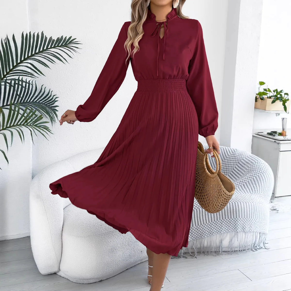 Robe Midi Plissée Femme – Manches Lanternes et Taille Smockée