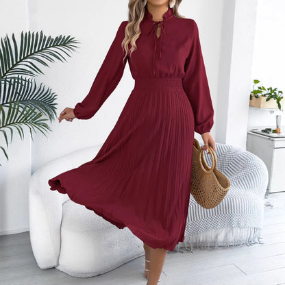Robe Midi Plissée Femme – Manches Lanternes et Taille Smockée