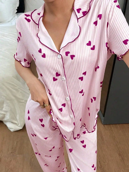 Pyjama Imprimé Femme – Haut Col V et Pantalon Long