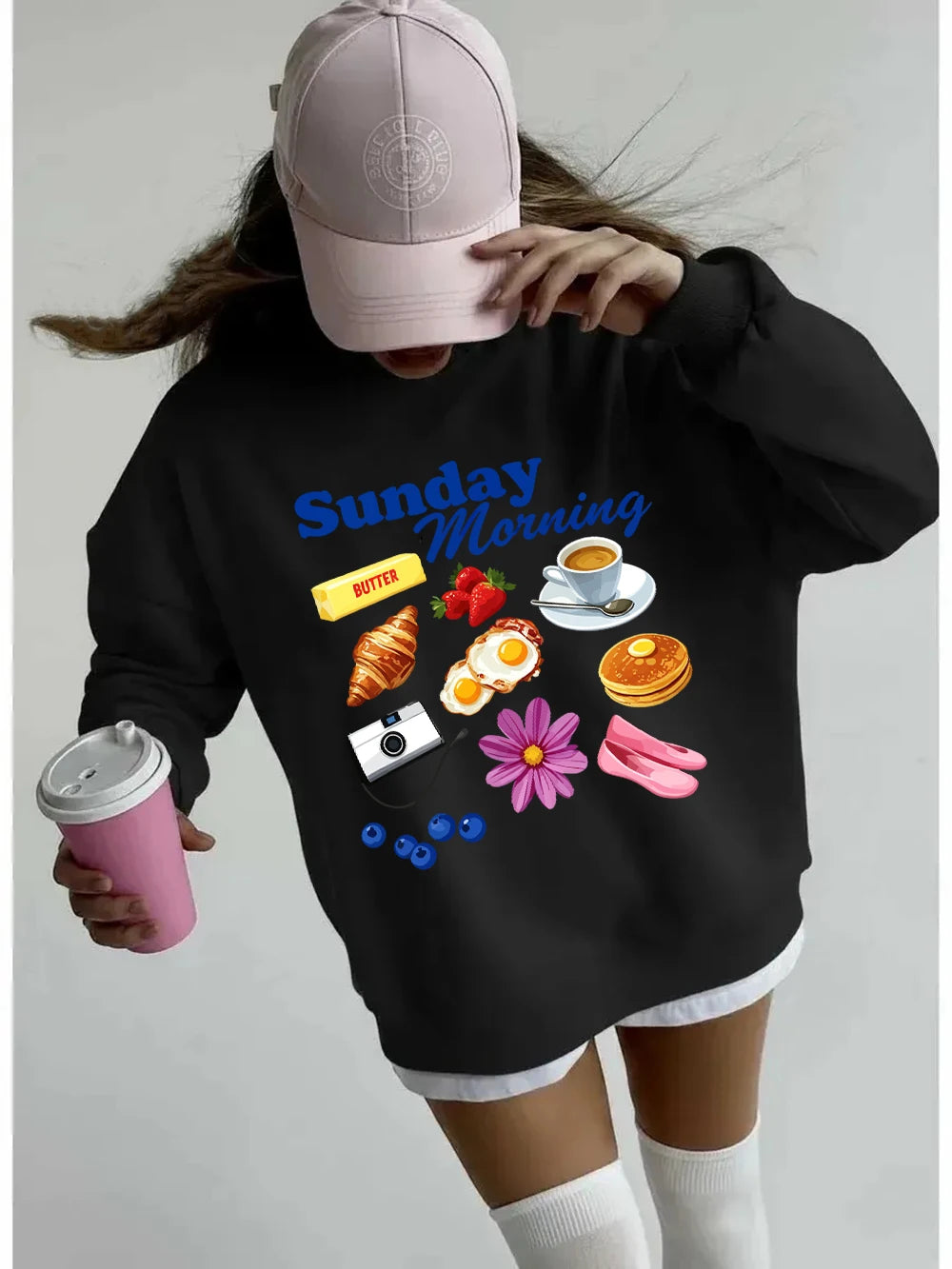 Sweat-shirts imprimés pour le dimanche matin, pulls à capuche sportifs à col rond pour femmes
