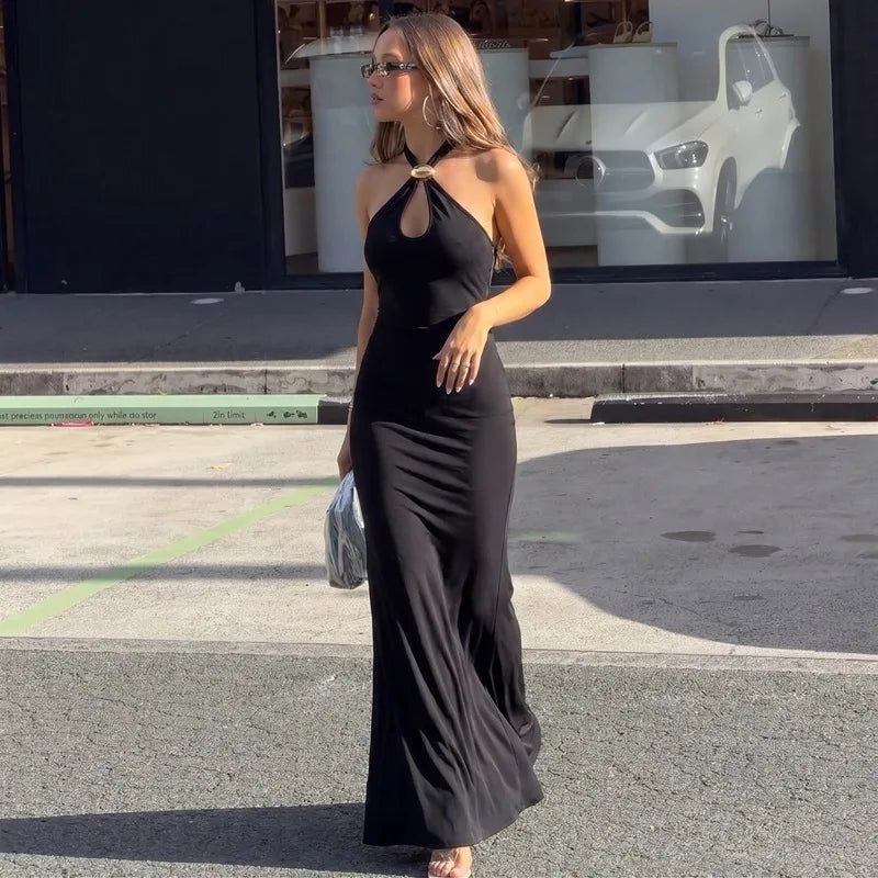 Robe longue dos nu sans manches à col halter sexy pour femmes
