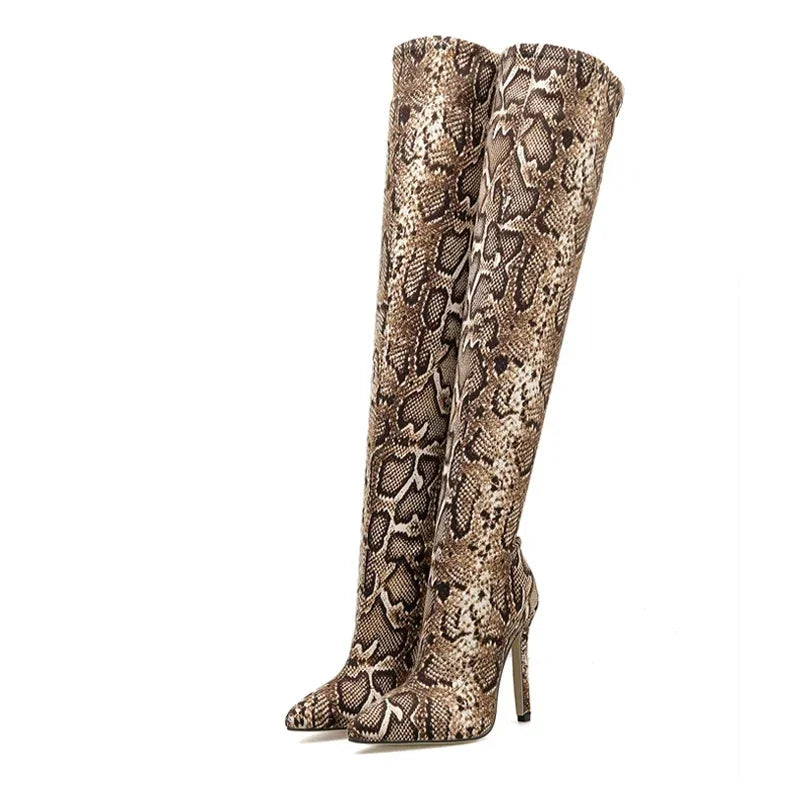 Bottes au-dessus du genou à bout pointu en cuir de serpent pour femmes