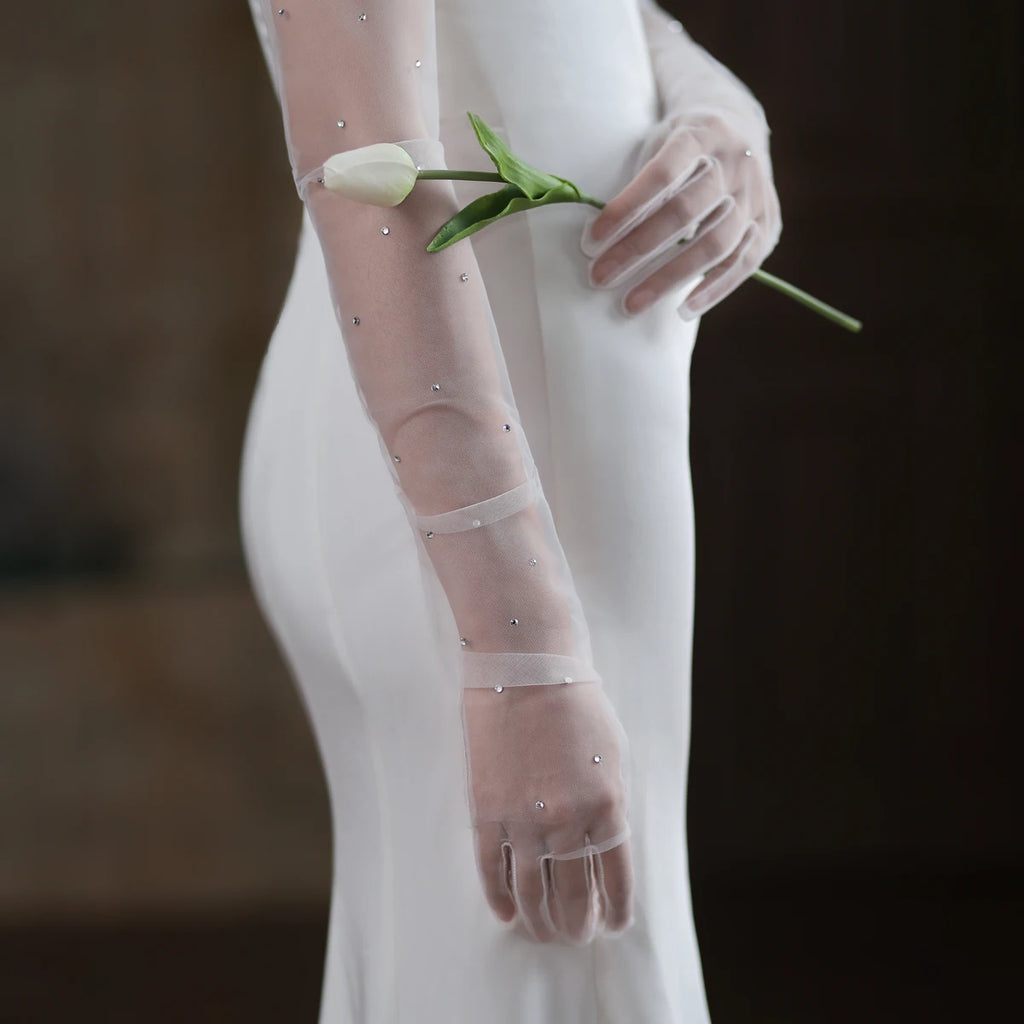 Gants longs blancs en tulle transparent pour femmes