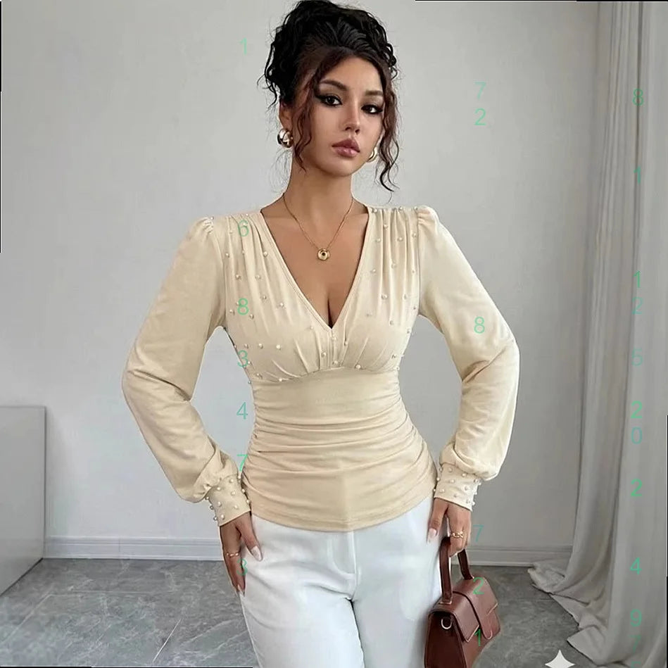 T-shirt sexy à col en V avec perles pour femmes
