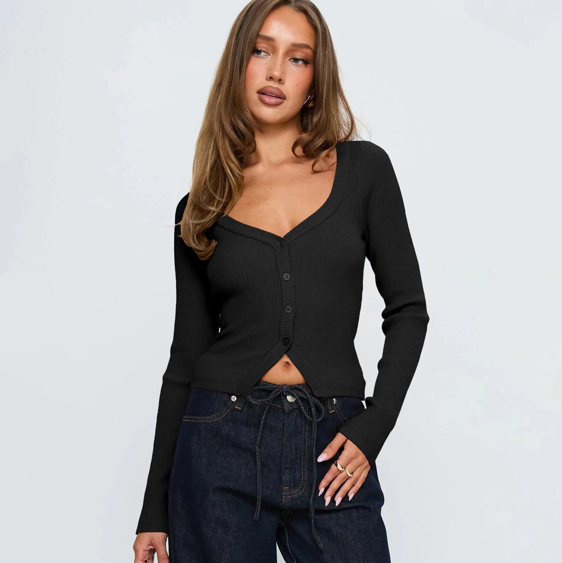 Cardigan à manches longues et col en v pour femmes