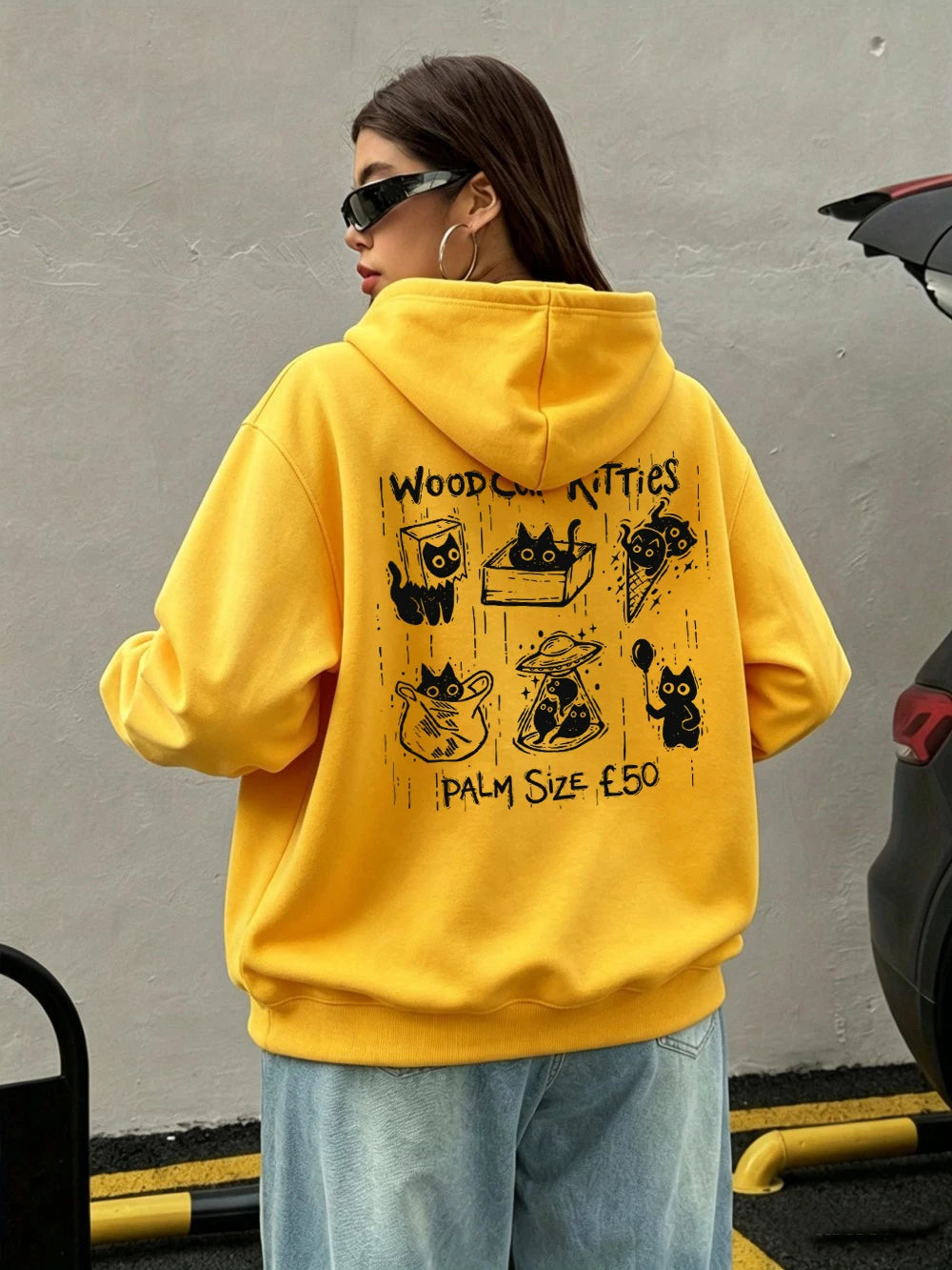 Sweat-shirts à capuche imprimés Woodcut Boxes Pocket Kitties pour femmes