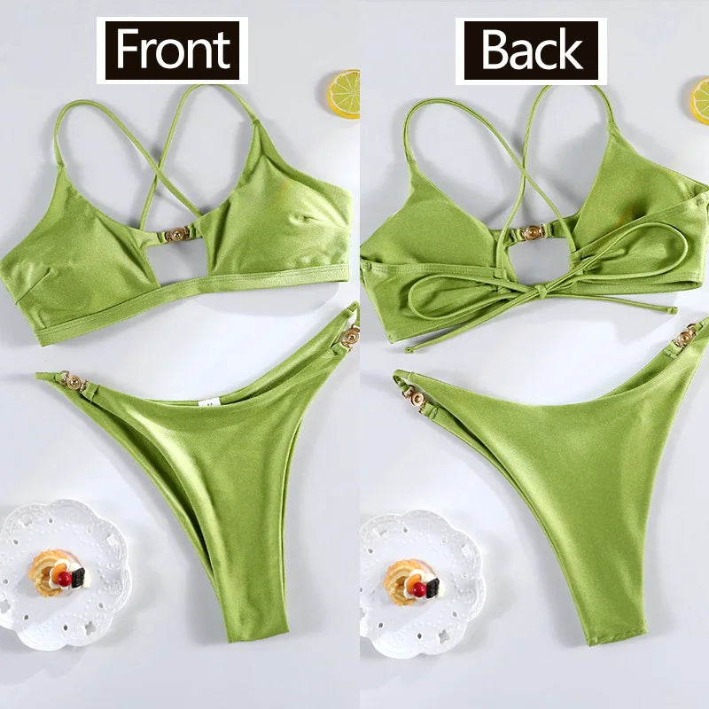 Maillot de bain deux pièces bikini uni Push-up pour femmes