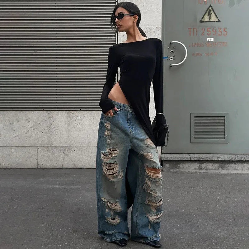 Haut Long Femme Noir Asymétrique à Fente Haute