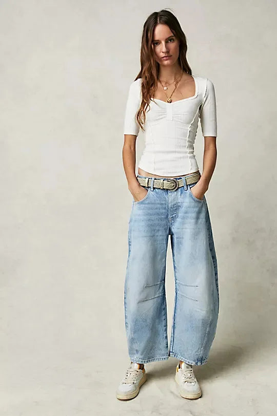 Pantalon en jean délavé taille mi-basse pour femmes