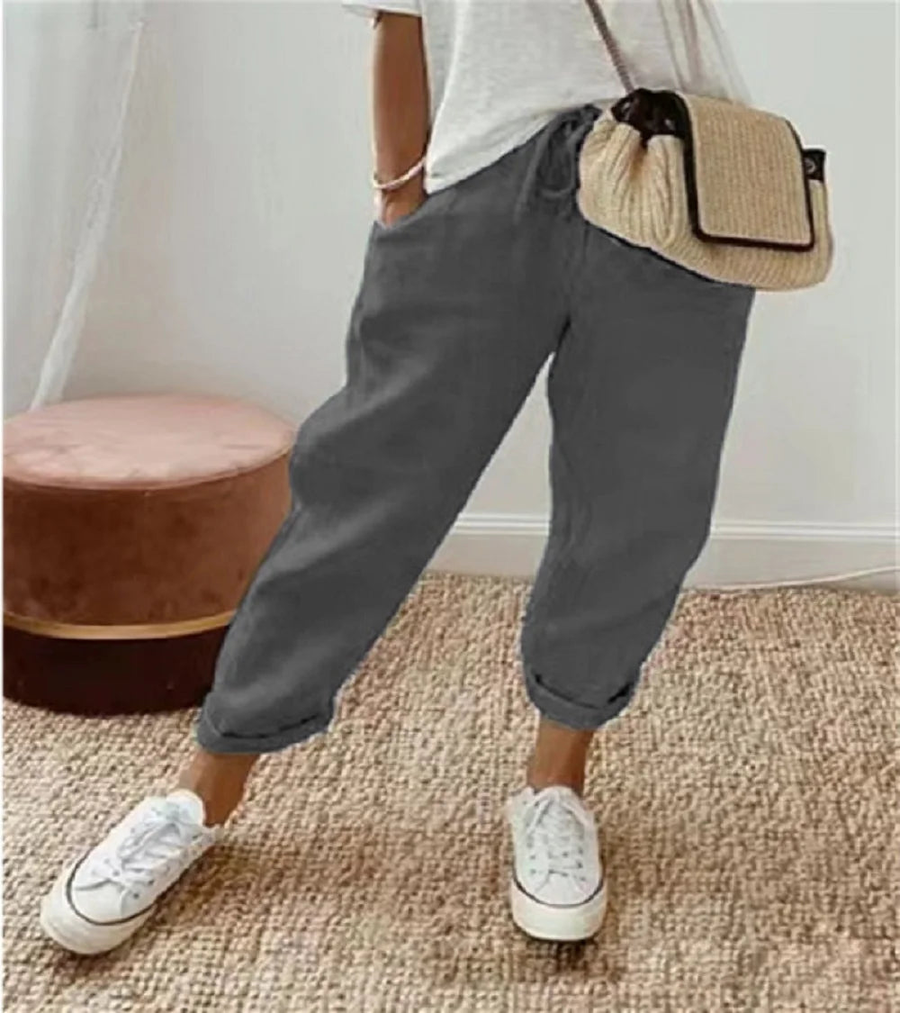 Pantalon court en coton et lin pour femmes