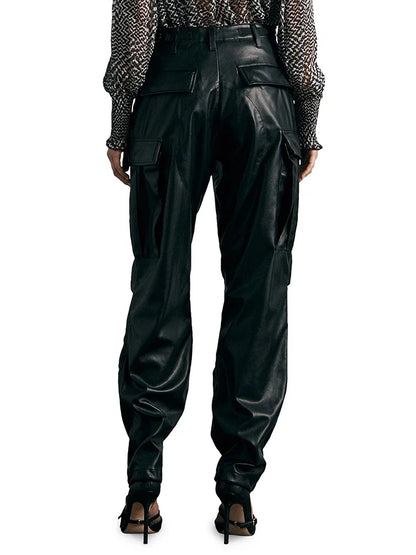 Pantalon Cargo Droit en Similicuir Mat à Poches