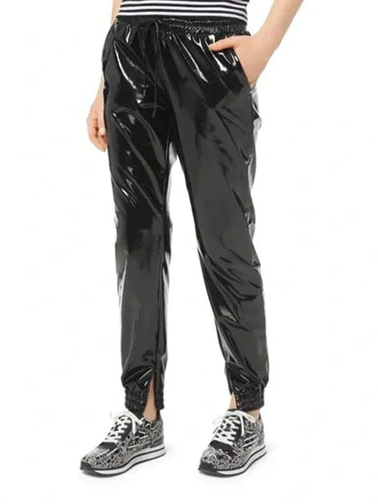 Pantalon Cargo en Similicuir Brillant à Taille Élastique
