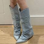 Bottes en jean plissé et à talons épais pour femmes