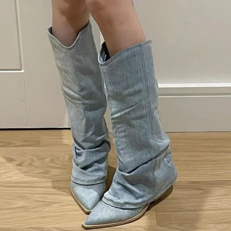 Bottes en jean plissé et à talons épais pour femmes
