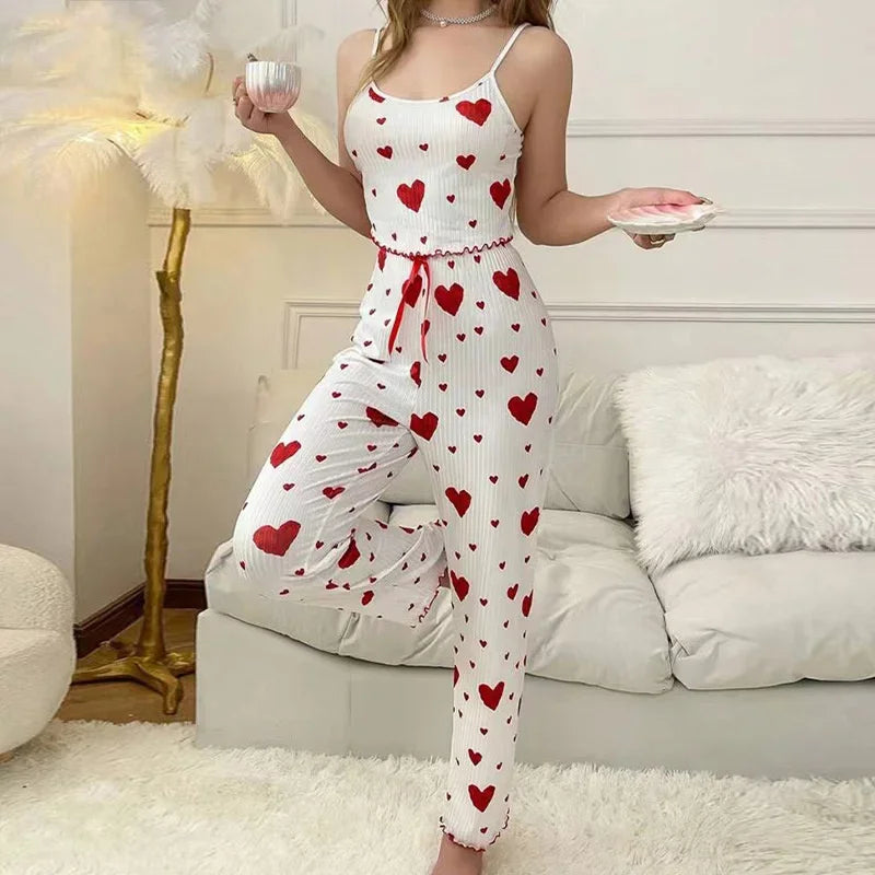 Pyjama Satin Femme – Caraco et Pantalon à Cœurs