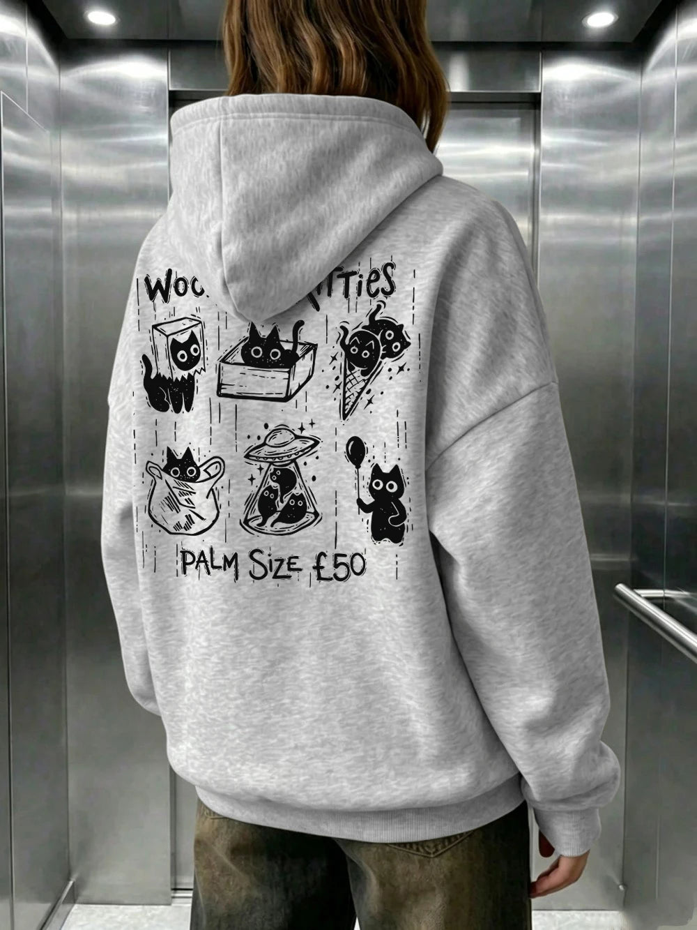 Sweat-shirts à capuche imprimés Woodcut Boxes Pocket Kitties pour femmes