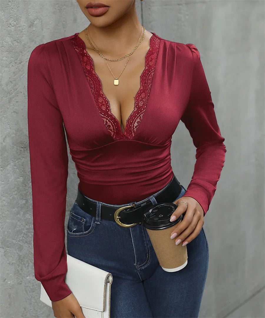Body sexy en dentelle contrastée à col en V profond pour femmes