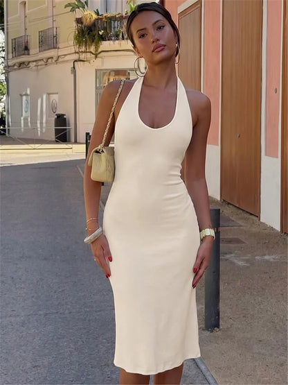 Robe femme beige élégante à col halter et dos nu